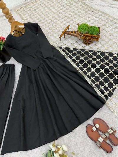 Classic Black Anarkali Suit with Gold Mirror Work Dupatta - BONYHUBSALWAR KAMEEZ
