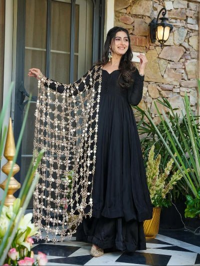 Classic Black Anarkali Suit with Gold Mirror Work Dupatta - BONYHUBSALWAR KAMEEZ
