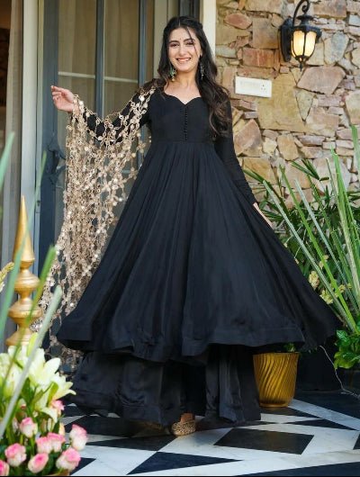 Classic Black Anarkali Suit with Gold Mirror Work Dupatta - BONYHUBSALWAR KAMEEZ