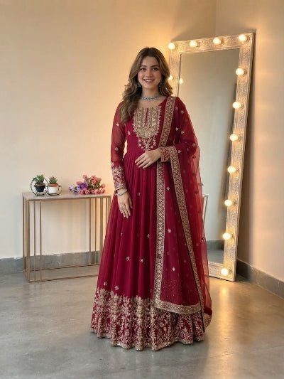 Classic Maroon Embroidered Georgette Gown Anarkali Suit Set for Women - BONYHUBSALWAR KAMEEZ