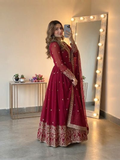 Classic Maroon Embroidered Georgette Gown Anarkali Suit Set for Women - BONYHUBSALWAR KAMEEZ