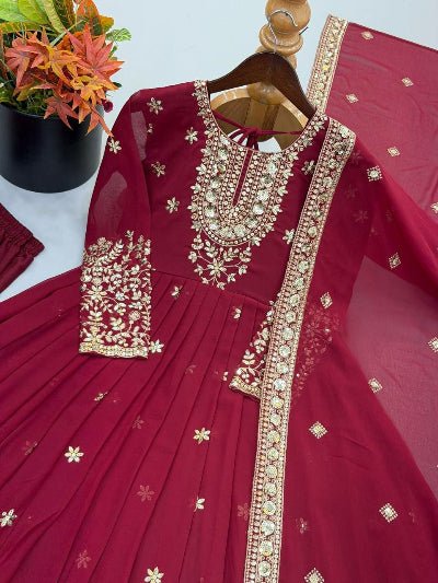 Classic Maroon Embroidered Georgette Gown Anarkali Suit Set for Women - BONYHUBSALWAR KAMEEZ