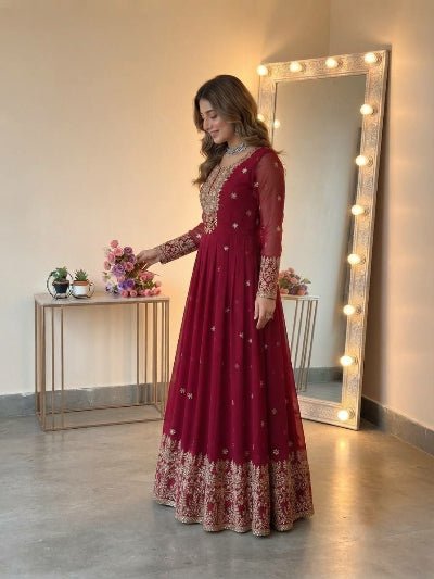 Classic Maroon Embroidered Georgette Gown Anarkali Suit Set for Women - BONYHUBSALWAR KAMEEZ