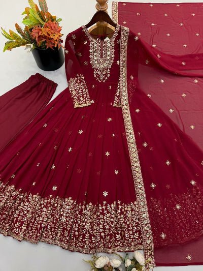 Classic Maroon Embroidered Georgette Gown Anarkali Suit Set for Women - BONYHUBSALWAR KAMEEZ