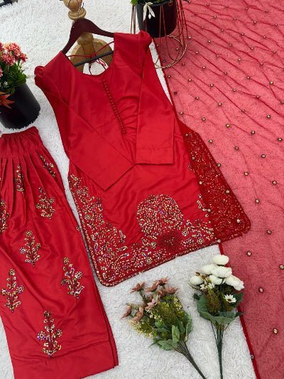 Classic Red Embroidered Farshi Suit Set - BONYHUBSALWAR KAMEEZ