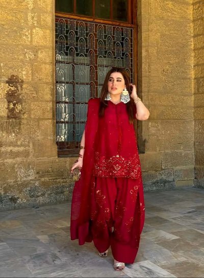 Classic Red Embroidered Farshi Suit Set - BONYHUBSALWAR KAMEEZ