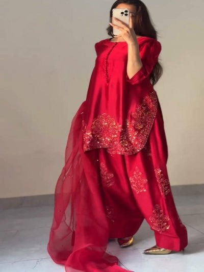 Classic Red Embroidered Farshi Suit Set - BONYHUBSALWAR KAMEEZ