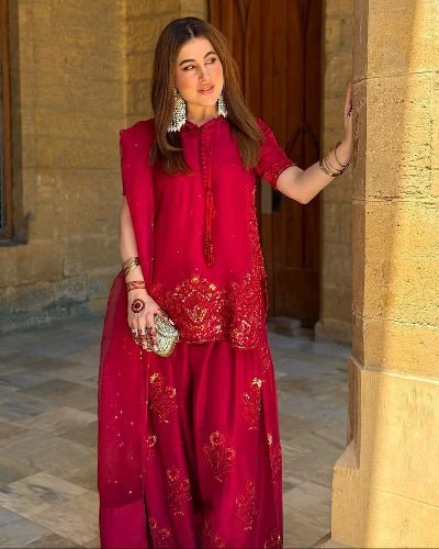 Classic Red Embroidered Farshi Suit Set - BONYHUBSALWAR KAMEEZ