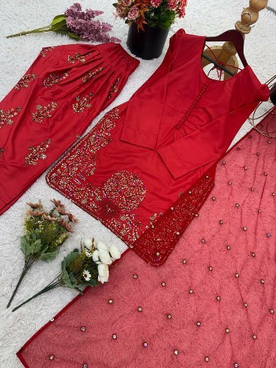 Classic Red Embroidered Farshi Suit Set - BONYHUBSALWAR KAMEEZ