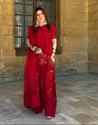 Classic Red Embroidered Farshi Suit Set - BONYHUBSALWAR KAMEEZ