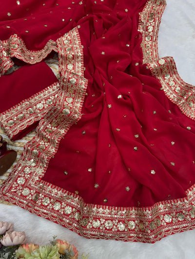 Classic Red Georgette Embroidery Sari with Blouse piece UK Next Day - BONYHUBSAREE