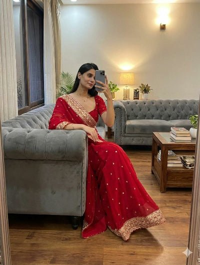 Classic Red Georgette Embroidery Sari with Blouse piece UK Next Day - BONYHUBSAREE