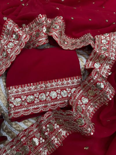 Classic Red Georgette Embroidery Sari with Blouse piece UK Next Day - BONYHUBSAREE