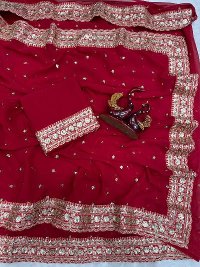 Classic Red Georgette Embroidery Sari with Blouse piece UK Next Day - BONYHUBSAREE