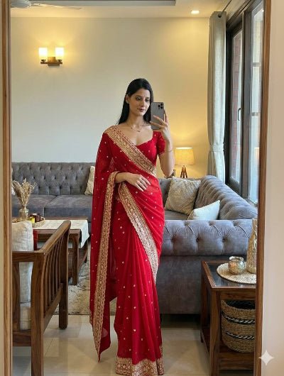 Classic Red Georgette Embroidery Sari with Blouse piece UK Next Day - BONYHUBSAREE