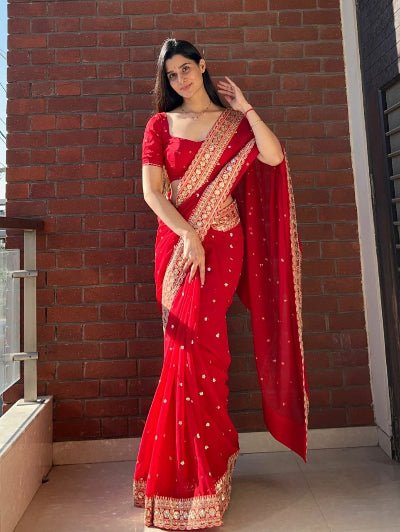 Classic Red Georgette Embroidery Sari with Blouse piece UK Next Day - BONYHUBSAREE