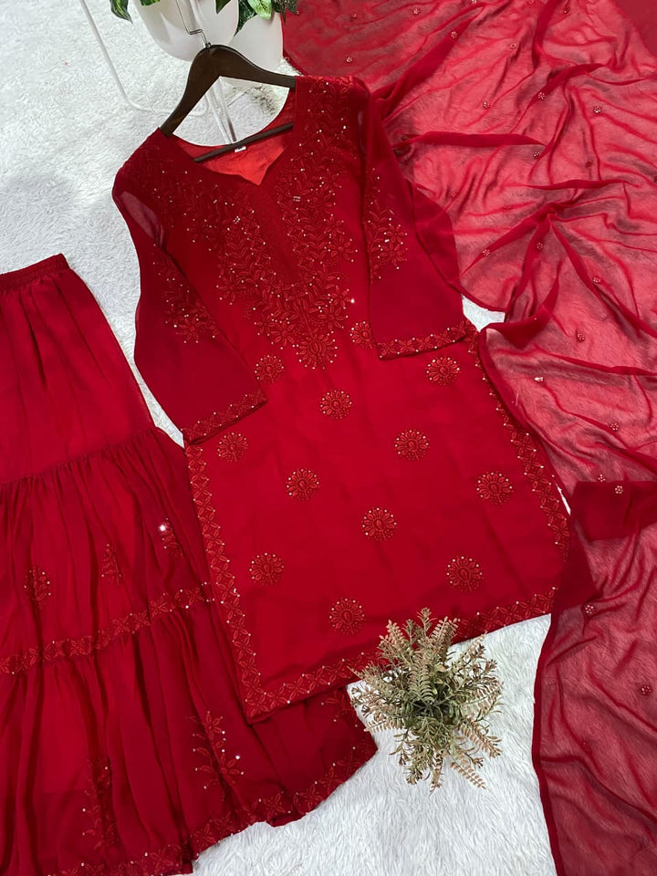Classic Red Georgette Embroidery Work Sharara Suit - BONYHUBSALWAR KAMEEZ