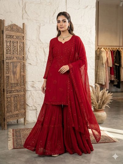 Classic Red Georgette Embroidery Work Sharara Suit - BONYHUBSALWAR KAMEEZ