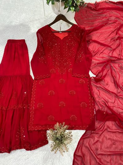 Classic Red Georgette Embroidery Work Sharara Suit - BONYHUBSALWAR KAMEEZ