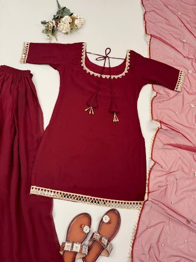 Classic Red Georgette Mirror Work Sharara Palazzo Set - BONYHUBSALWAR KAMEEZ