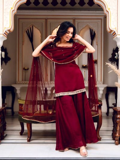 Classic Red Georgette Mirror Work Sharara Palazzo Set - BONYHUBSALWAR KAMEEZ