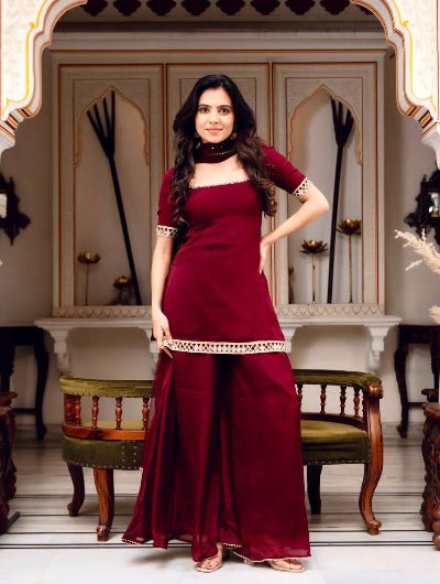 Classic Red Georgette Mirror Work Sharara Palazzo Set - BONYHUBSALWAR KAMEEZ