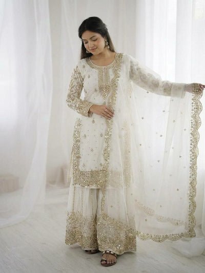 Classic White Embroidery Sequence Work Sharara Suit - BONYHUBSALWAR KAMEEZ