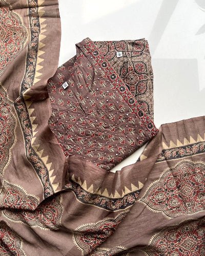 Coffee Brown Embroidery Azrak Cotton Straight Suit Set - BONYHUBSALWAR KAMEEZ