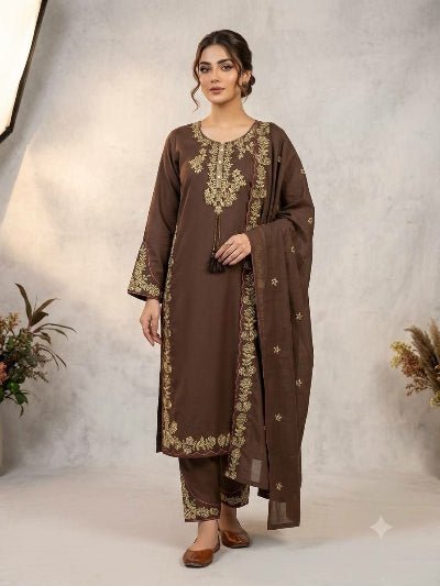 Coffee Brown Embroidered Roman Suit Set - BONYHUBSALWAR KAMEEZ