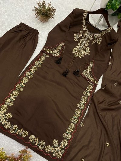 Coffee Brown Embroidered Roman Suit Set - BONYHUBSALWAR KAMEEZ