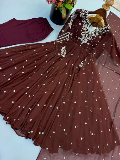 Coffee Brown Georgette Embroidered Anarkali Suit | Asian Wear - BONYHUBSALWAR KAMEEZ