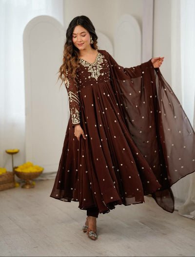 Coffee Brown Georgette Embroidered Anarkali Suit | Asian Wear - BONYHUBSALWAR KAMEEZ