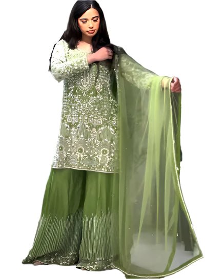 Cool Green Chinon Silk Embroidered Sharara Palazzo Set UK Next Day - BONYHUBSALWAR KAMEEZ