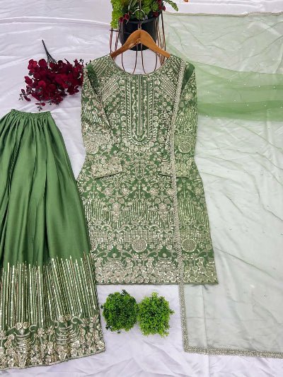 Cool Green Chinon Silk Embroidered Sharara Palazzo Set UK Next Day - BONYHUBSALWAR KAMEEZ