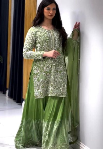 Cool Green Chinon Silk Embroidered Sharara Palazzo Set UK Next Day - BONYHUBSALWAR KAMEEZ