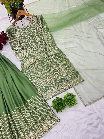 Cool Green Chinon Silk Embroidered Sharara Palazzo Set UK Next Day - BONYHUBSALWAR KAMEEZ