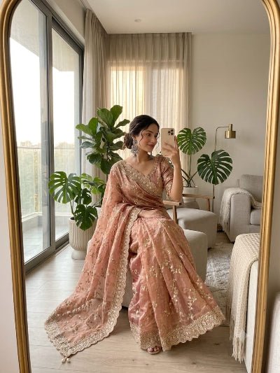 Coral Peach Gold Embroidered Ready to Wear Saree with Free Stitched Blouse - BONYHUBSAREE