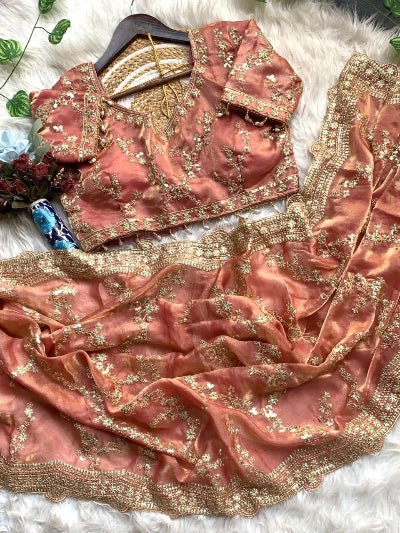 Coral Peach Gold Embroidered Ready to Wear Saree with Free Stitched Blouse - BONYHUBSAREE