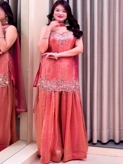 Coral Peach Tissue Silk Embroidery Sharara Suit - BONYHUBSALWAR KAMEEZ