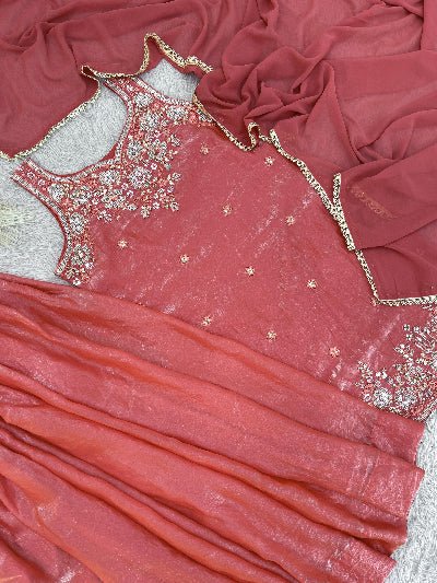 Coral Peach Tissue Silk Embroidery Sharara Suit - BONYHUBSALWAR KAMEEZ
