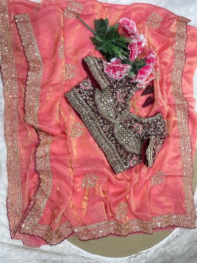 Coral Pink Embroidered Ready to Wear Saree with Stitched Blouse for Women | Asian Ethnic Wear - BONYHUBSAREE