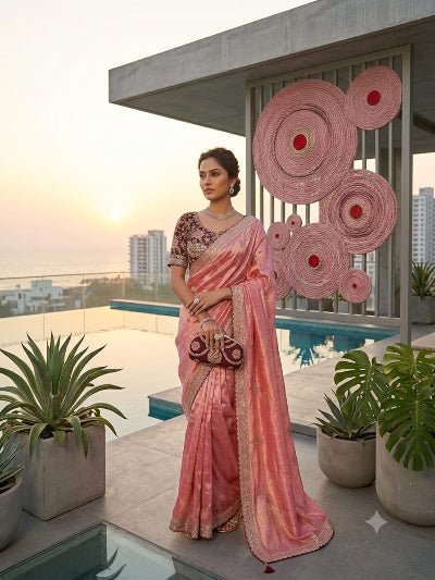 Coral Pink Embroidered Ready to Wear Saree with Stitched Blouse for Women | Asian Ethnic Wear - BONYHUBSAREE