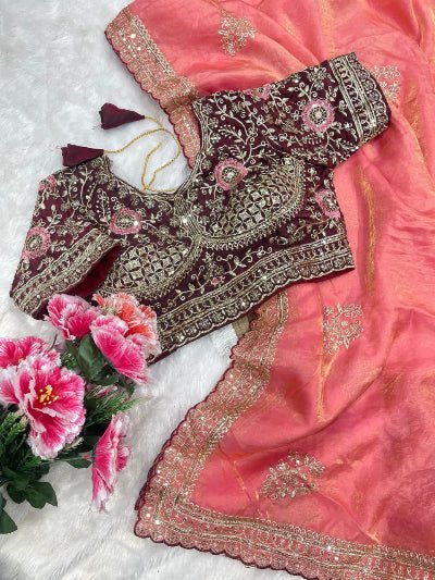 Coral Pink Embroidered Ready to Wear Saree with Stitched Blouse for Women | Asian Ethnic Wear - BONYHUBSAREE