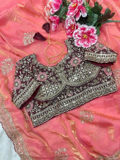 Coral Pink Embroidered Ready to Wear Saree with Stitched Blouse for Women | Asian Ethnic Wear - BONYHUBSAREE