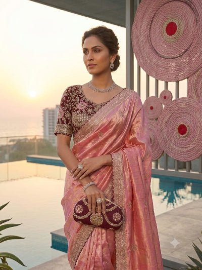 Coral Pink Embroidered Ready to Wear Saree with Stitched Blouse for Women | Asian Ethnic Wear - BONYHUBSAREE
