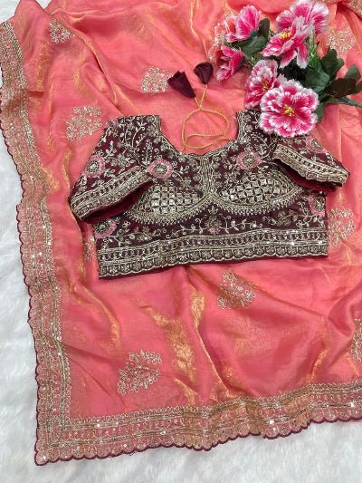 Coral Pink Embroidered Ready to Wear Saree with Stitched Blouse for Women | Asian Ethnic Wear - BONYHUBSAREE