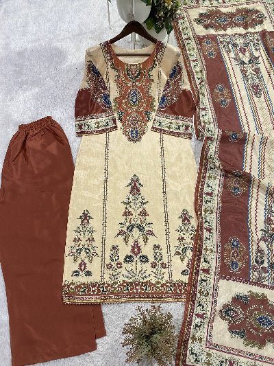 Cream &amp; Brown Chinon Silk Salwar Kameez Set - BONYHUBSALWAR KAMEEZ