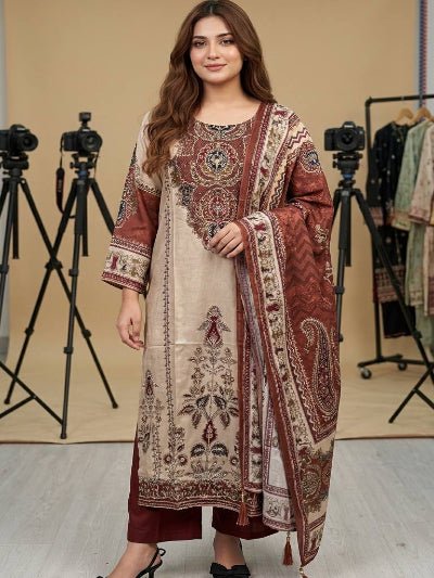 Cream & Brown Chinon Silk Salwar Kameez Set - BONYHUBSALWAR KAMEEZ
