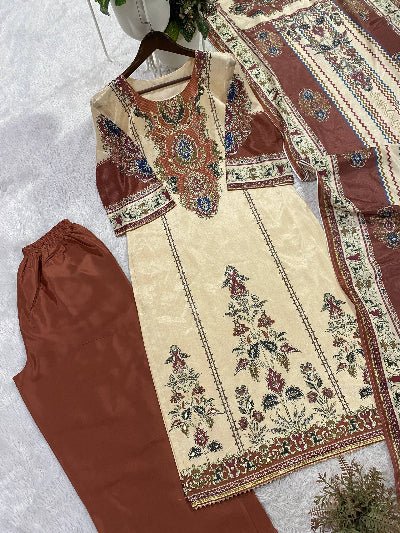 Cream &amp; Brown Chinon Silk Salwar Kameez Set - BONYHUBSALWAR KAMEEZ