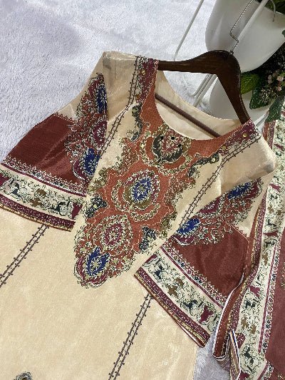 Cream &amp; Brown Chinon Silk Salwar Kameez Set - BONYHUBSALWAR KAMEEZ